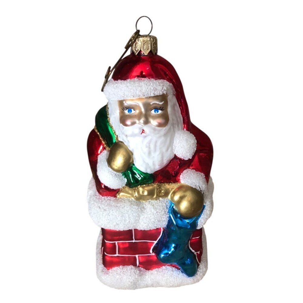 Vintage Blown Glass Ornament Santa Stuck in the Chimney Made in Poland 6"